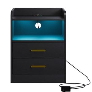 Ufurniture Nightstand with Wireless Charging Station LED Bedside Tables Human Sensor Design End Table with 2 Drawers Black