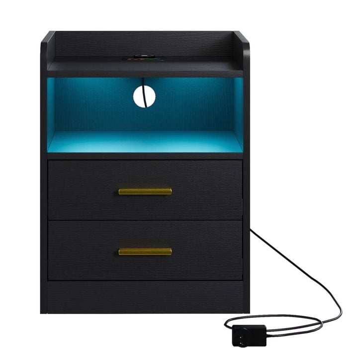 Ufurniture Nightstand with Wireless Charging Station LED Bedside Tables Human Sensor Design End Table with 2 Drawers Black