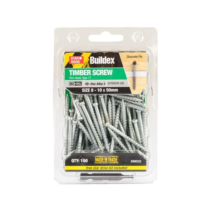 Buildex 8G x 50mm Zinc Alloy 3 Trim Head Timber Screw - 100 Pack