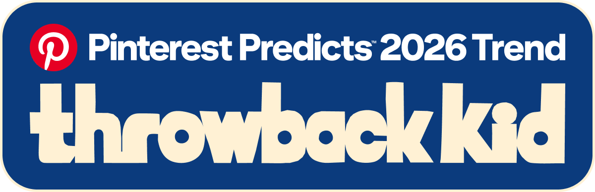 Pinterest predicts 2026 trend throwback kid writing on a blue background.