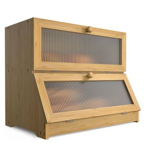 CARLA HOME Double Layer Bamboo Bread Box for Kitchen Counter with Large Capacity and Clear Window