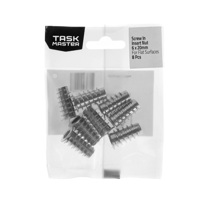 Taskmaster 6 x 20mm Screw In Insert Nut For Flat Surfaces - 8 Pack