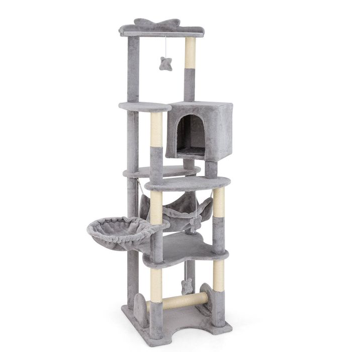 Costway 176cm Cat Tree Tower Pet Condo House Sisal Scratching Post Grey