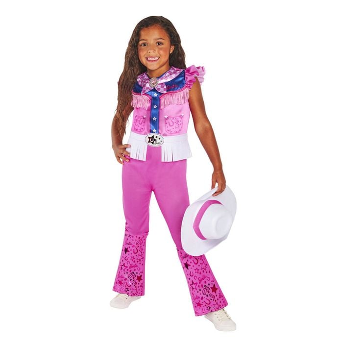 3pc Barbie Cowgirl Deluxe Jumpsuit/Necktie/Hat Costume Set Kids Size 6-8y Pink