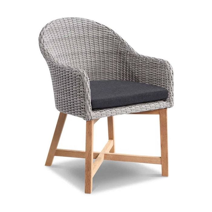 Coastal Outdoor Wicker Dining Chair Brushed Grey With Teak Timber Legs & Denim Cushions