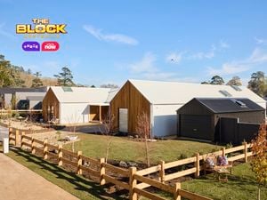 The front area of a house with a timber fence, grassed area, trees and a driveway in it.