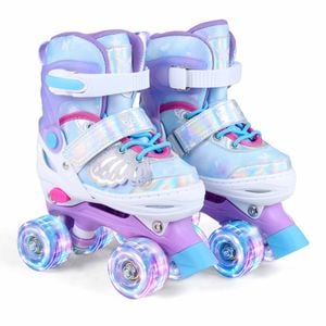 Costway Kid 4-size Butterfly Roller Skates Fun Quad Lightup 5-7 Blue