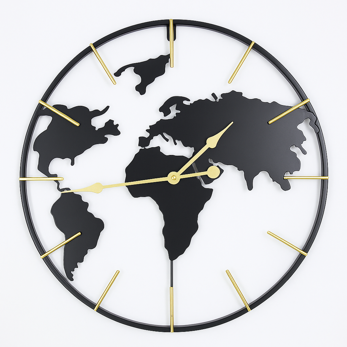 Salesbay 60cm Silent World Map Wall Clock Black Gold Metal Globe ...