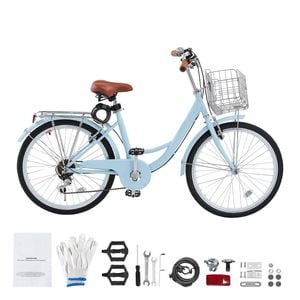 VEVOR 61 cm Cruiser Bike Light Blue 7-Speed with Large Capacity Basket and Rear Rack