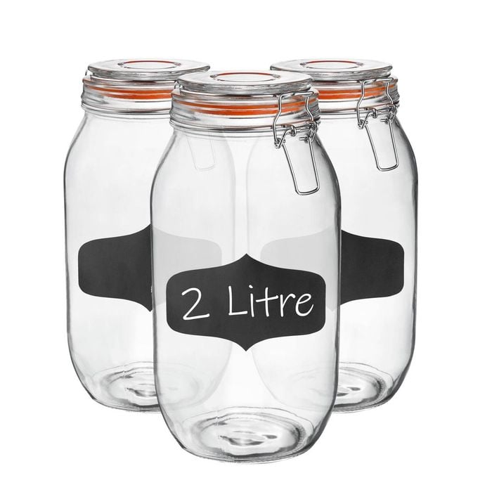 Argon Tableware 6x Glass Storage Jars & Labels Set - 2l/70.3oz 4 Colour Seals Airtight Kitchen Storage Container Preserving Jar