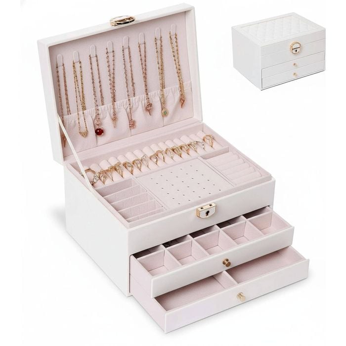 3-Layer Jewelry Box for Women: Removable Tray, Necklace, Earrings, Rings, Bracelets Organizer (White)