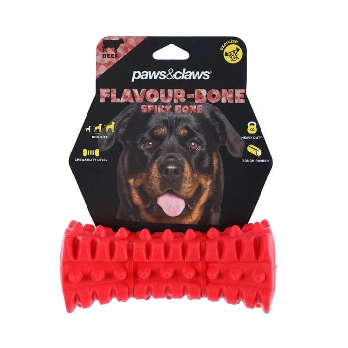 Paws & Claws Flavour-Bone Spiky Bone Beef Flavoured Rubber Toy 16X6.5cm Red