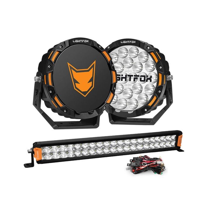 Lightfox 9inch Osram Led Driving Lights + 20 Inch Dual Row Led Light Bar + Wiring Kit