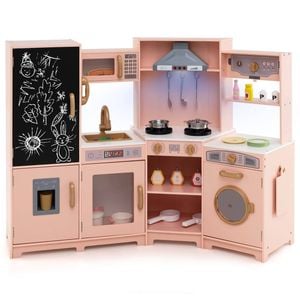 Costway Kitchen Playset Play Kitchen W/refrigerator Doodle Board Pink