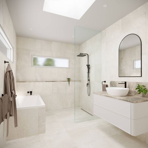 Modern bathroom interior featuring contemporary fixtures and finishes.