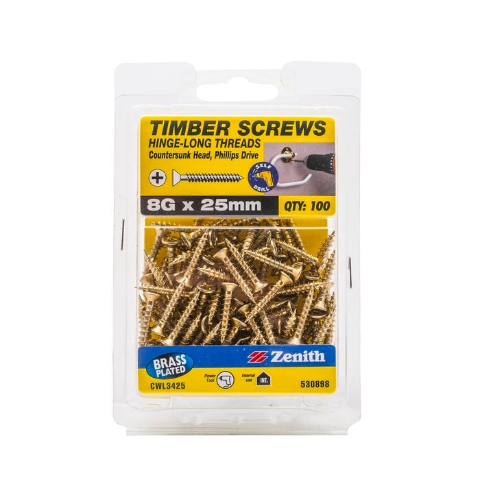 Zenith 8G x 25mm Brass Plated Hinge-Long Thread Countersunk Head Timber Screws - 100 Pack