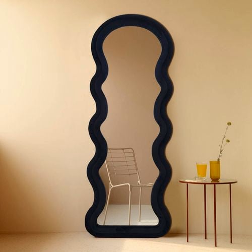 Best World 160cm x 60cm Arched Wavy Velvet Full Length Mirror Black Frame