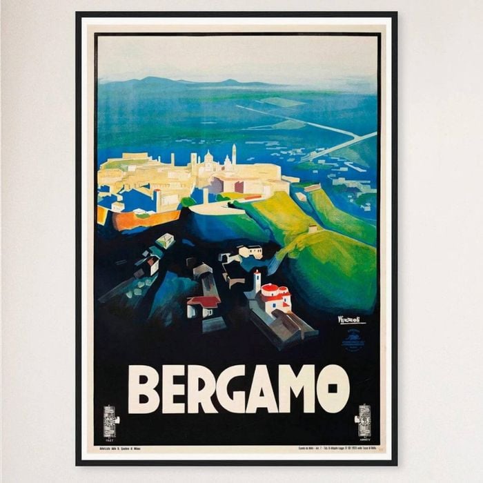 Galrie Stunning Vintage Italian Travel Poster of Bergamo, Lombardy Italy Art Décor, Black Frame, A2 42 x 60cm (16 x 24inch)