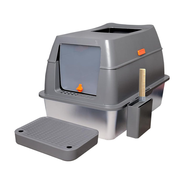 P&P Grey XXL Stainless Steel Cat Litter Tray with Durable Lid and Scoop