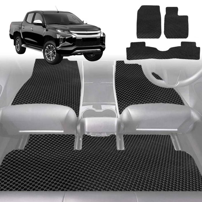 6D Diamond Car Floor Mats for Mitsubishi Triton Double Cab 2015-2023-Full Set-Black-Outback GT