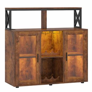 Ufurniture Sideboard Buffet Cabinet with Charging Station and LED Lights Wine Rack Goblet Holder 2 Door Rustic Brown