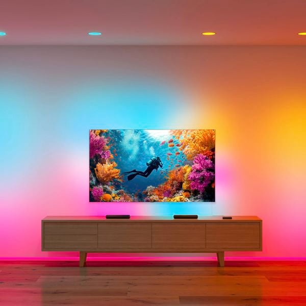 A room timber flooring, a TV on the wall and a cabinet in it.