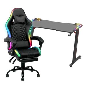 Advwin Gaming Office Desk 120cm Led Light & Gaming Chair With Footrest Led Light Black