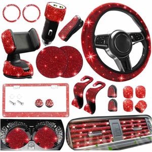 Catzon 27pcs Bling Car Accessories Set Universal Fit 15in Steering Wheel Covers-red