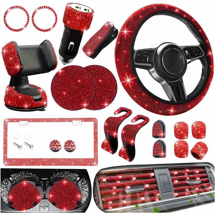 Catzon 27pcs Bling Car Accessories Set Universal Fit 15in Steering Wheel Covers-red