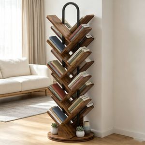 Ufurniture 16-tier Rotating Bookshelf Double-sided Tree Bookcase Display Shelf Floor Standing Storage Organizer Rustic Brown