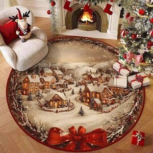 CottonMore Christmas Snowy Village Round Rug Floor Mat with Red Bow 120cm