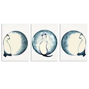 3pcs Navy Blue Moon & Whimsical Cat Illustrations Print 100% Australian Made 3 x 40x60cm (Metal Print)
