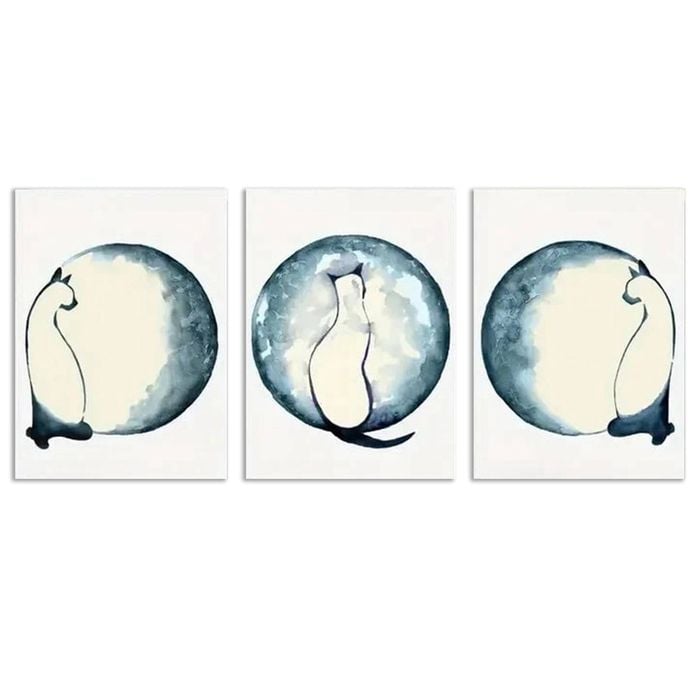 3pcs Navy Blue Moon & Whimsical Cat Illustrations Print 100% Australian Made 3 x 40x60cm (Metal Print)