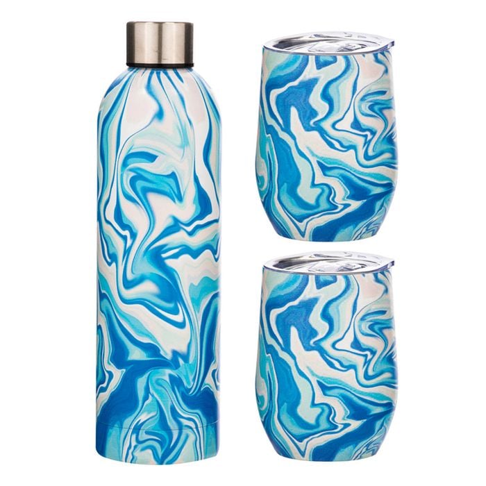 3pc Porta Summer Swirl Stainless Steel Double Wall Insulated Drinkware Set Blue