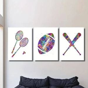 3pcs Rainbow Badminton Football Baseball Print 100% Australian Made 3 x 40x60cm (Metal Print)