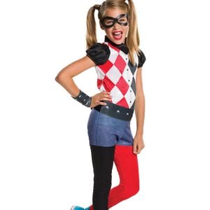 Harley Quinn Jumpsuit Halloween Costume with Mask &amp; Accessories DC Comics Official – Red Colour, 6-8 Years