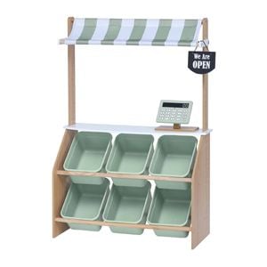 Teamson Kids Little Helper Farmer’s Market Play Stand with Removable Storage Bins and Striped Awning, Mint/White