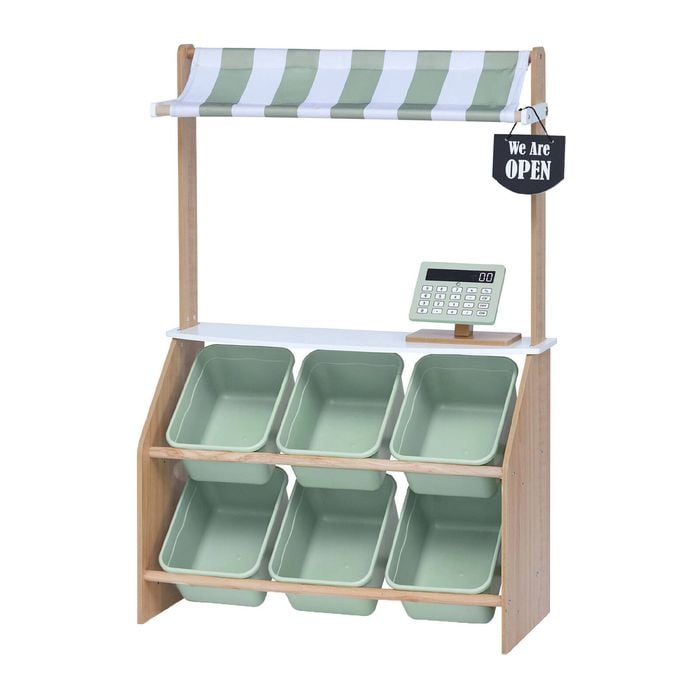 Teamson Kids Little Helper Farmer’s Market Play Stand with Removable Storage Bins and Striped Awning, Mint/White