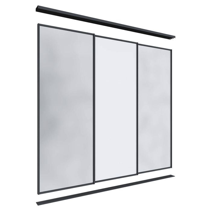 Lugna 2400 x 1801-2700mm Black 2 Mirror 1 Melamine Wardrobe Triple Sliding Doors