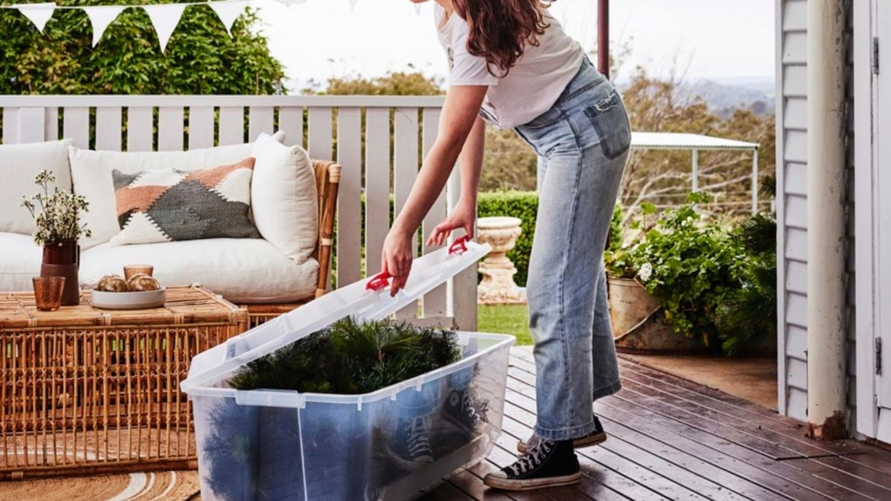 Person on a verandah holding the lid open on a large plastic container with a disassembled christmas tree inside.