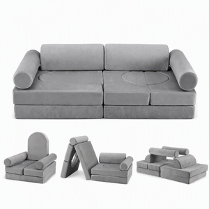 Keezi Kids Modular Sofa 12PCS Play Couch Set with Removable Washable Cover Grey