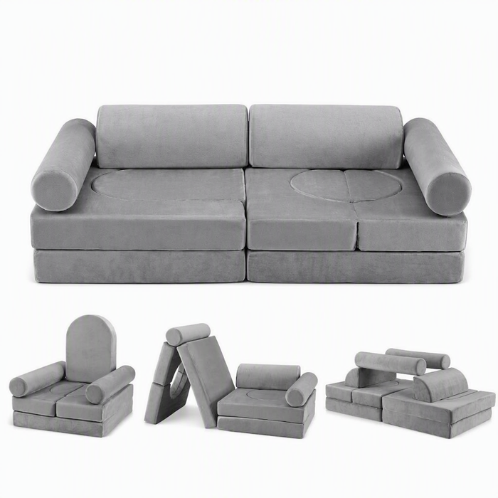 Keezi Kids Modular Sofa 12PCS Play Couch Set with Removable Washable Cover Grey
