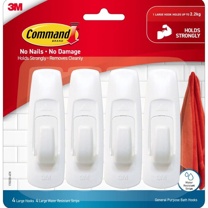 Command Large White Bathroom Utility Adhesive Hooks - 4 Pack