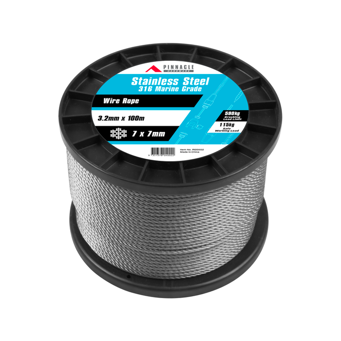 Pinnacle 3.2mm x 100m Marine Grade Stainless Steel Wire Rope
