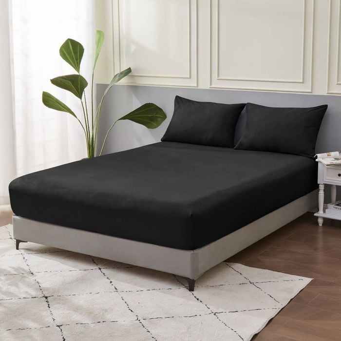 LINENOVA 100% Pure Cotton Deep Fitted Sheet Cover - Queen, Black