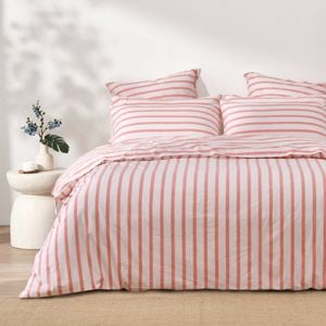 Dreamaker Bask Washed Cotton Yarn Dyed Stripe Quilt Cover Set Coral Queen