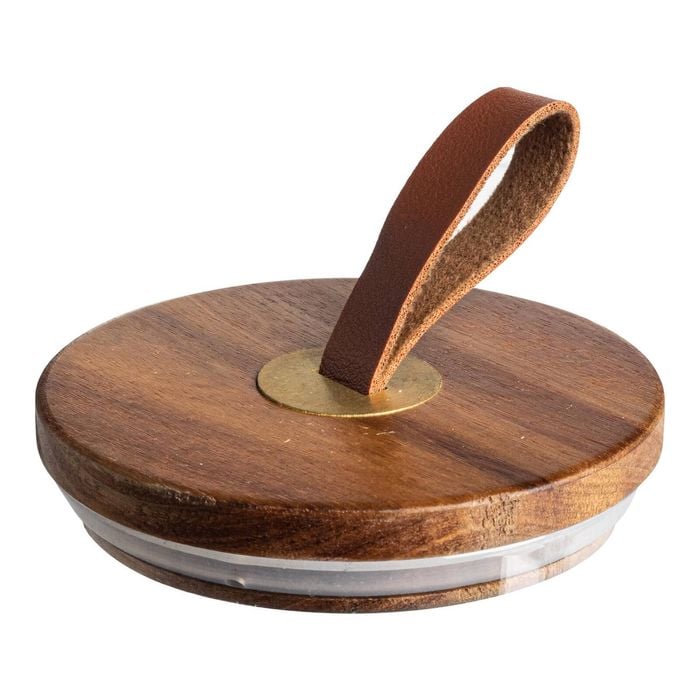 Airtight Wooden Storage Jar Lid - Round Scandinavian Style With Leather Handle and Silicone Seal
