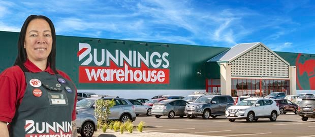 A Bunnings team member and the front of a Bunnings store.