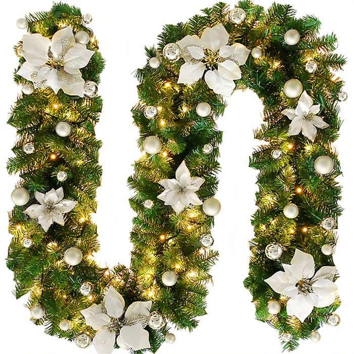Catzon 9FT Pre-lit LED Christmas Garland Xmas Decoration Wreath-Silver