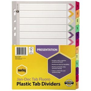 Marbig Jan-Dec Manilla Plastic Tab Dividers (A4) (Fluoro)